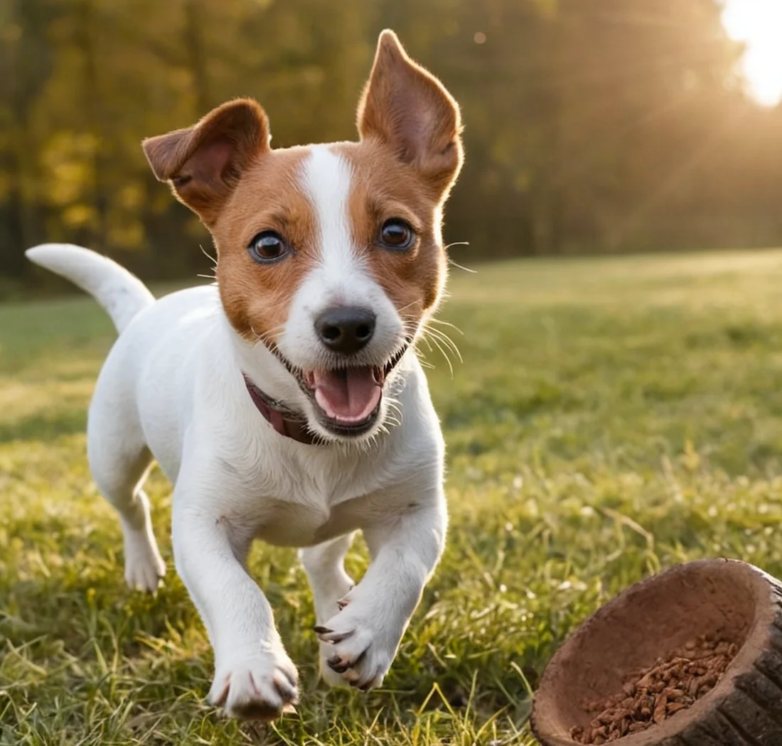 Ein fröhlicher kleiner Hund läuft im warmen Sonnenlicht über eine Wiese